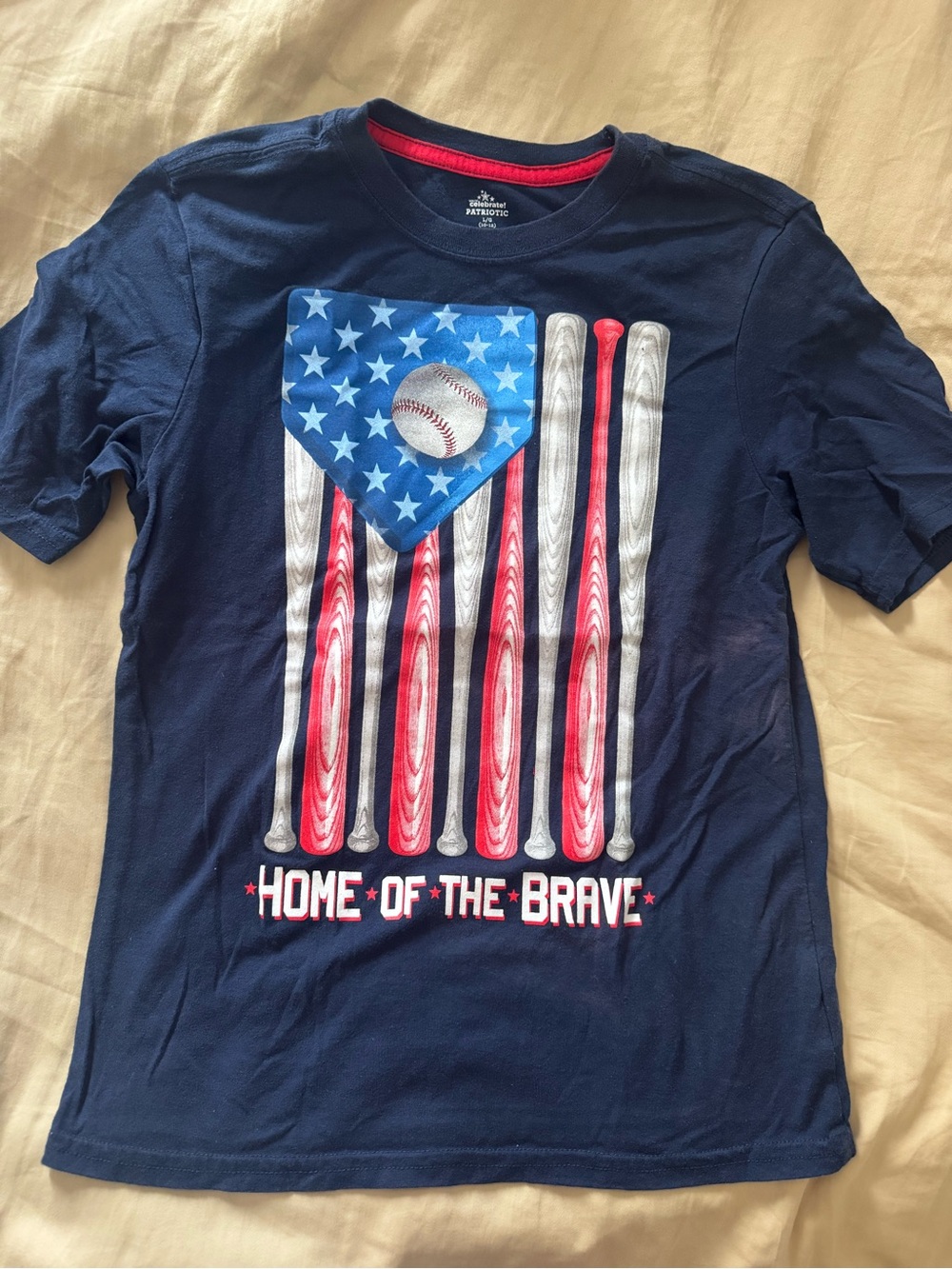 Patriotic 'Home of the Brave' Navy Kids Baseball Tee (size 10-12)
